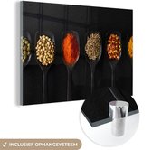 MuchoWow® Glasschilderij 90x60 cm - Schilderij acrylglas - Lepels - Specerijen - Zwart - Kruiden - Rustiek - Foto op glas - Schilderijen