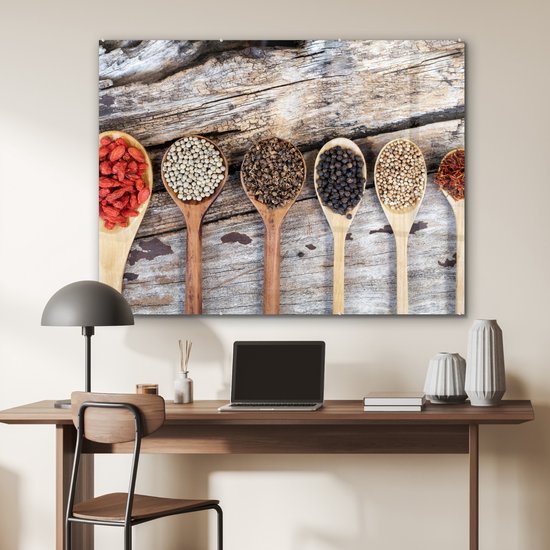 MuchoWow® Peinture sur Verre - Cuillères de grande à petite avec des épices - 120x90 cm - Peintures sur Verre Acrylique - Photo sur Glas