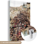 MuchoWow® Glasschilderij 80x120 cm - Schilderij acrylglas - Luchtfoto van de leerlooierij van Fez in Marokko - Foto op glas - Schilderijen