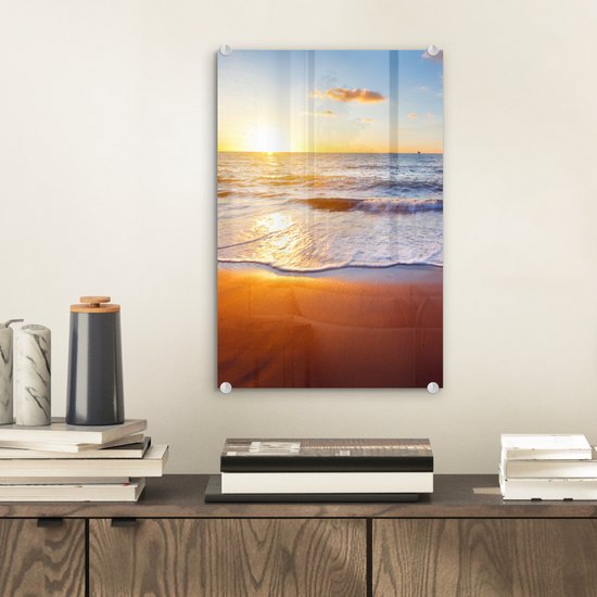 Glasschilderij - Foto op glas - Strand - Zee - Zon - Horizon - Schilderij strand - Wanddecoratie natuur - Acrylglas - Schilderij glas - 20x30 cm - Schilderijen woonkamer