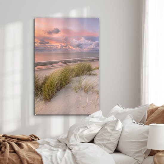 MuchoWow® Peinture sur verre 80x120 cm - Peinture sur verre acrylique - Plage - Mer - Dune - Nederland - Rose - Photo sur verre - Peintures