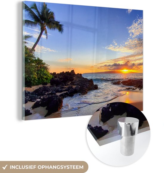 MuchoWow® Peinture sur verre 160x120 cm - Peinture sur verre acrylique - Plage - Mer - Coucher de soleil - Hawaï - Photo sur verre - Peintures