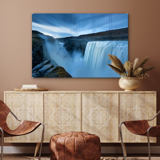 Peinture sur verre - Une large cascade dans le parc national de Vatnajökull en Islande sous un ciel nuageux - 90x60 cm - Peintures sur verre acrylique - Photo sur Glas