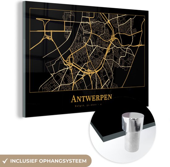 MuchoWow® Glasschilderij 60x40 cm - Schilderij acrylglas - Kaart - Antwerpen - Goud - Zwart - Foto op glas - Schilderijen