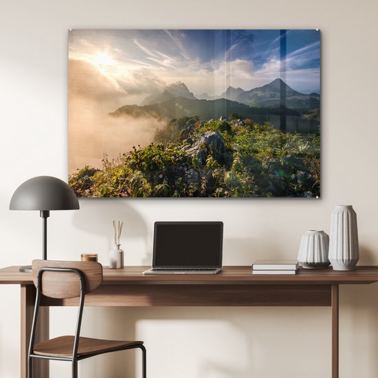 MuchoWow® Peinture sur Verre - Berg dans la brume - 90x60 cm - Peintures sur Verre Acrylique - Photo sur Glas