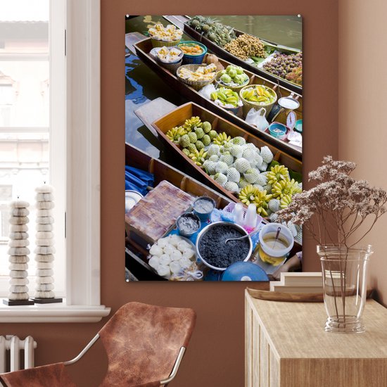 Peinture sur verre MuchoWow® 80x120 cm - Peinture acrylique sur verre - Bateaux flottants au marché en Thaïlande - Photo sur verre - Peintures