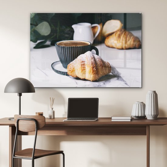 MuchoWow® Peinture sur verre 90x60 cm - Peinture sur verre acrylique - Croissant avec une tasse de café - Photo sur verre - Peintures