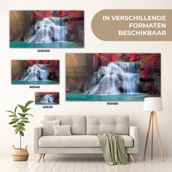 Glasschilderij - Acrylplaat - Waterval - Japanse esdoorn - Rood - Water - Foto op glas - Acrylglas - Glazen schilderij - Kamer decoratie - 80x40 cm - Wanddecoratie