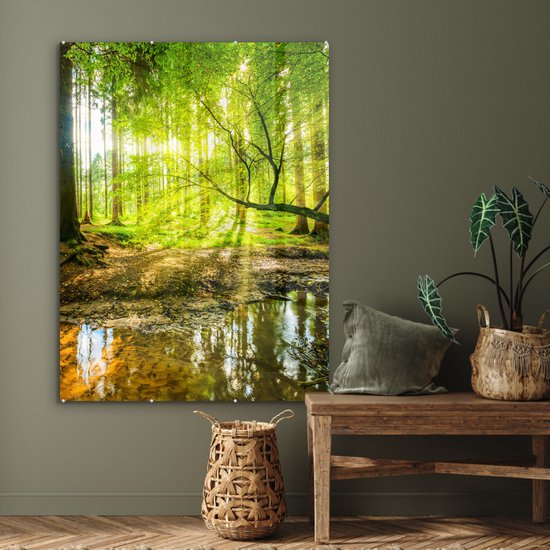 Glasschilderij - Acrylglas - Bos - Zon - Rivier - Wanddecoratie - Glasschilderij binnen - Foto op glas - 90x120 cm - Schilderij - Glasschilderij natuur