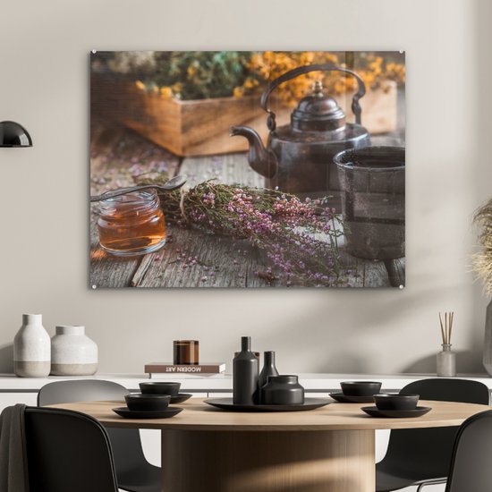 MuchoWow® Peinture sur verre 80x60 cm - Peinture sur verre acrylique - Thee - Théière - Herbes - Photo sur verre - Peintures