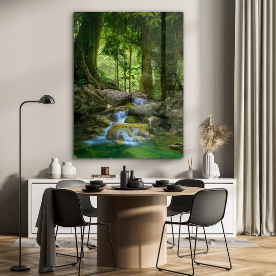 Peinture sur verre - Photo sur verre - Pierres - Rivière - Jungle - Arbre - Vert - Peinture sur verre - Peintures de salon - Décoration murale - 90x120 cm - Décoration murale - Verre acrylique
