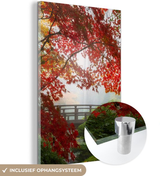 Peinture sur verre - Japonais - Pont - Érable japonais - Arbres - Nature - Verre acrylique - Photo sur verre - 100x150 cm - Peinture sur verre nature - Décoration murale murale verre - Décoration murale - Peinture verre