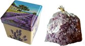Metalen zeepblik vierkant met opdruk Vue Provence met zeepvlokken lavendel – Vintage voorraadblik – Franse handzeep – Marseille zeep Marseillezeep