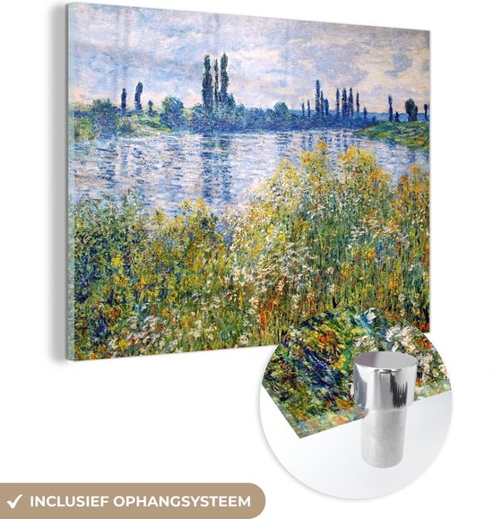 MuchoWow® Glasschilderij 160x120 cm - Schilderij acrylglas - Bloemen op de oever van de Seine, nabij Vetheuil - Schilderij van Claude Monet - Foto op glas - Schilderijen