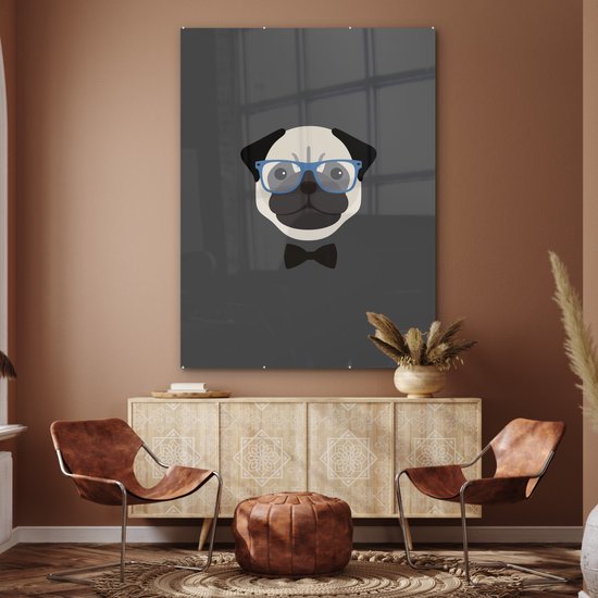 MuchoWow® Glasschilderij 120x160 cm - Schilderij acrylglas - Geïllustreerd portret van een mopshond - Foto op glas - Schilderijen