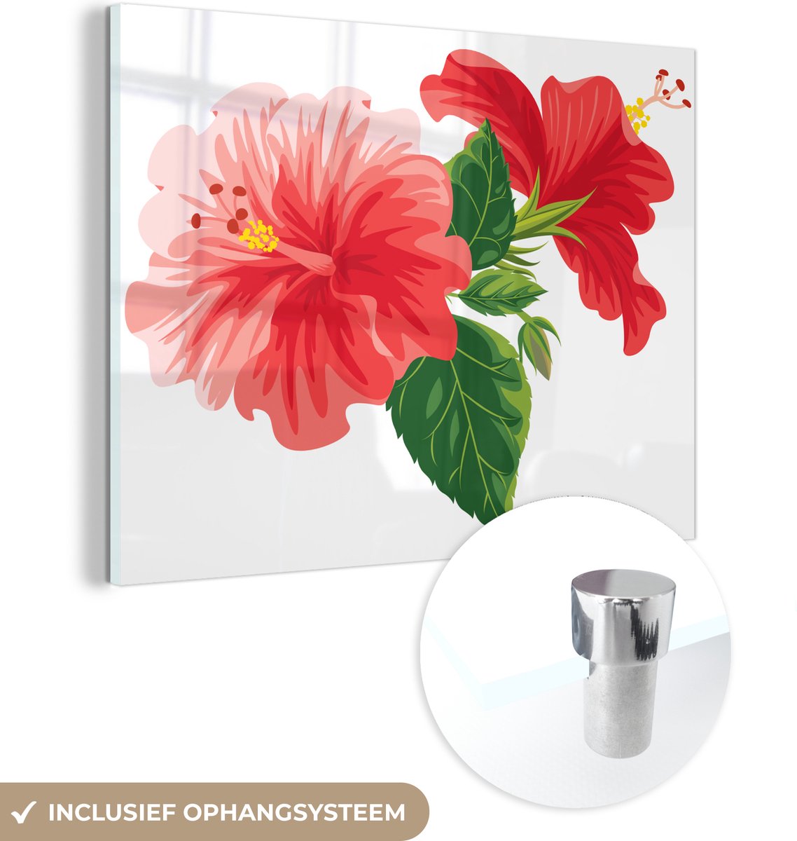 ® Glasschilderij 80x60 cm - Schilderij acrylglas - Waterverf illustratie van een hibiscus - Foto op glas - Muurdecoratie woonkamer - Wanddecoratie slaapkamer - Schilderijen