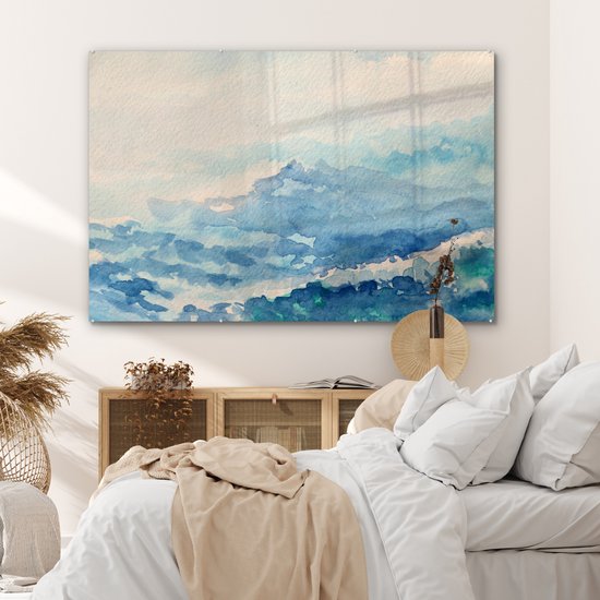 MuchoWow® Peinture sur verre 150x100 cm - Peinture acrylique sur verre - Illustration aquarelle abstraite de vagues - Photo sur verre - Peintures