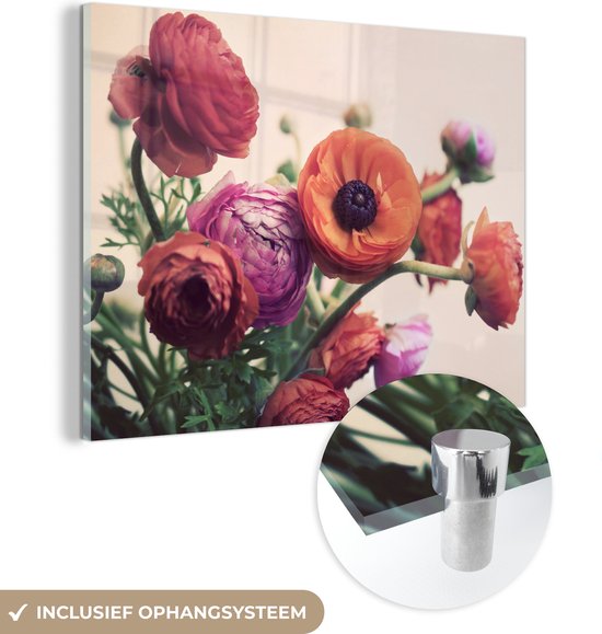 MuchoWow® Glasschilderij 120x90 cm - Schilderij acrylglas - Boeket roze en oranje ranonkel bloemen - Foto op glas - Schilderijen