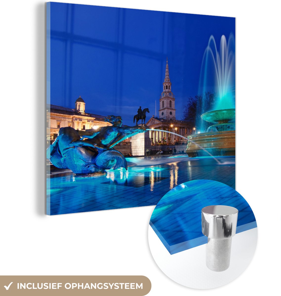 ® Glasschilderij 90x90 cm - Schilderij acrylglas - Blauw gekleurde fontein bij Trafalgar S