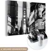 MuchoWow® Glasschilderij 90x60 cm - Schilderij acrylglas - Reclameborden op Times Square in zwart-wit - Foto op glas - Schilderijen