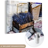 MuchoWow® Glasschilderij 90x60 cm - Schilderij acrylglas - Lavendel in kistje op straat, Avignon, Frankrijk - Foto op glas - Schilderijen