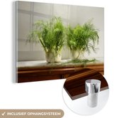 MuchoWow® Glasschilderij - Rustieke houten kast met de venkel planten - 60x40 cm - Acrylglas Schilderijen - Foto op Glas