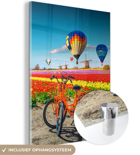 MuchoWow® Glasschilderij 30x40 cm - Schilderij acrylglas - Luchtballon - Oranje - Tulpen - Foto op glas - Schilderijen