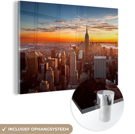 MuchoWow® Glasschilderij - Skyline - New York - Zon - Acrylglas Schilderijen - Foto op Glas