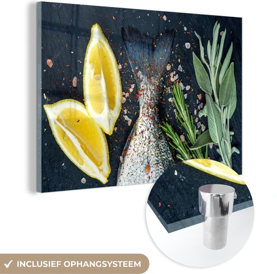MuchoWow® Glasschilderij 150x100 cm - Schilderij acrylglas - Vis - Citroen - Kruiden - Foto op glas - Schilderijen
