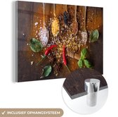 MuchoWow® Glasschilderij 60x40 cm - Schilderij acrylglas - Lepels - Kruiden - Chilipeper - Specerijen - Zout - Foto op glas - Schilderijen