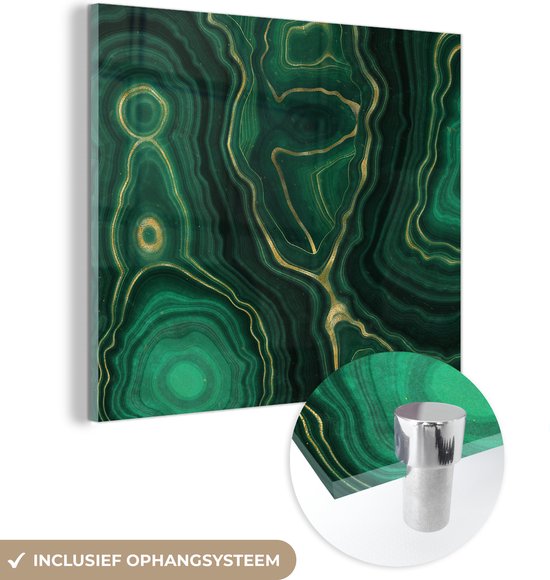 MuchoWow® Glasschilderij 50x50 cm - Schilderij acrylglas - Gold - Groen - Agaat steen - Geode - Marmer - Foto op glas - Schilderijen