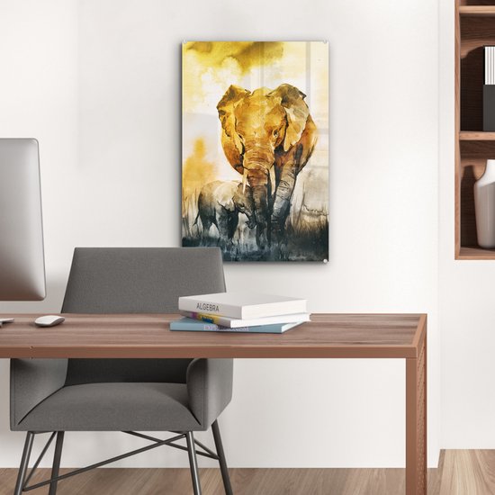 MuchoWow® Peinture sur verre 40x60 cm - Peinture sur verre acrylique - Éléphant - Enfant - Aquarelle - Photo sur verre - Peintures