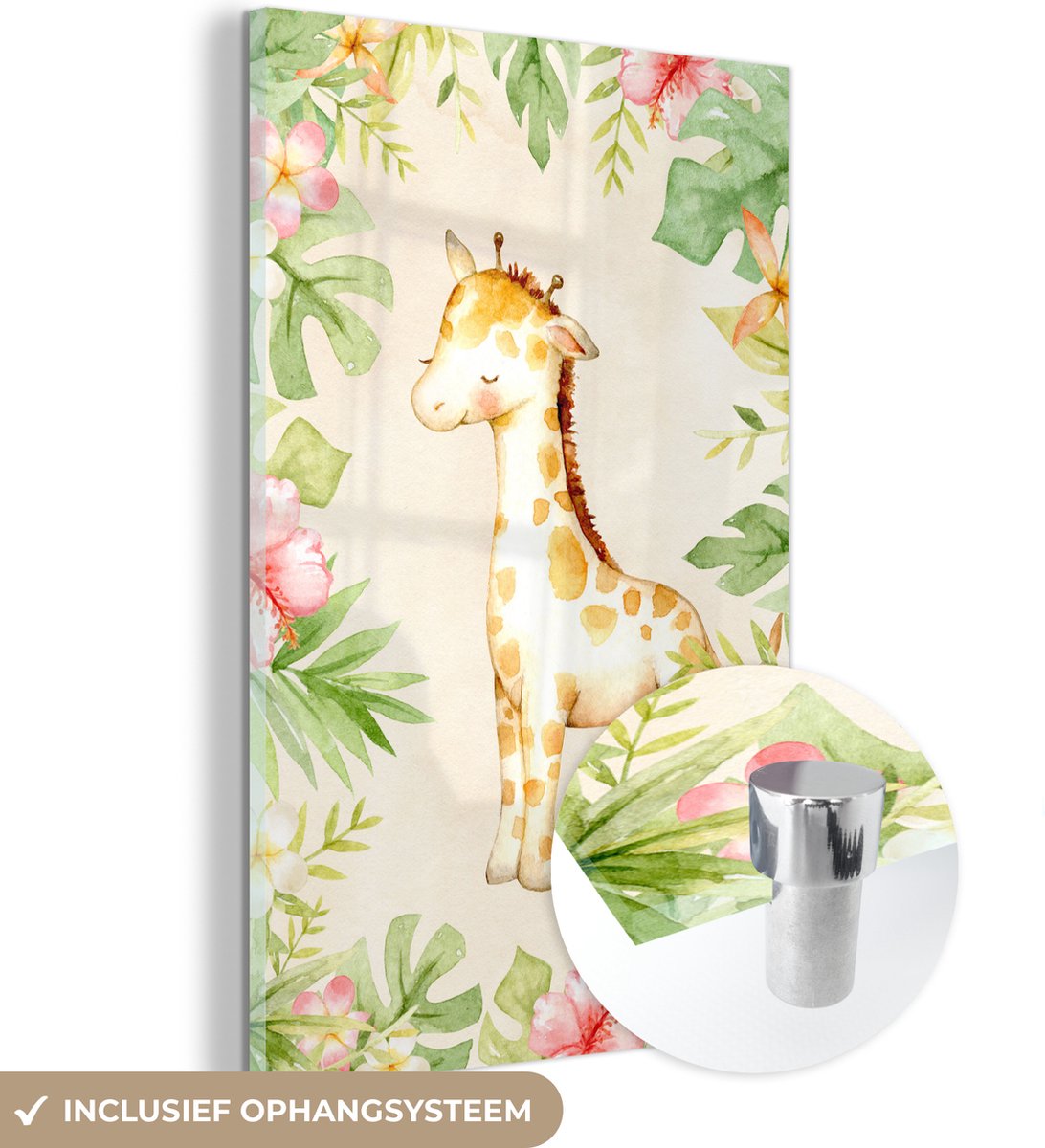 ® Glasschilderij 40x60 cm - Schilderij acrylglas - Giraffe - Waterverf - Bloemen - Foto op glas - Muurdecoratie woonkamer - Wanddecoratie slaapkamer - Schilderijen