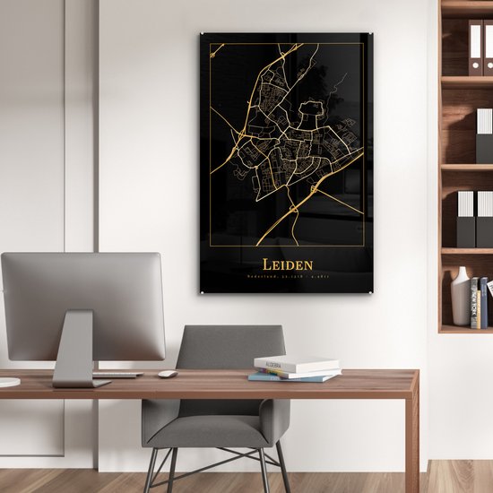 MuchoWow® Peinture sur verre 60x90 cm - Peinture acrylique sur verre - Carte - Leiden - Or - Zwart - Photo sur verre - Peintures