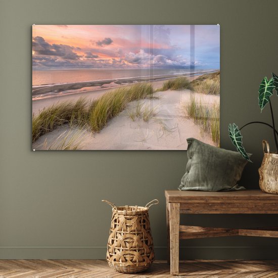 Peinture sur verre - Plage - Mer - Dune - Nederland - Rose - 120x80 cm - Peintures en plexiglas