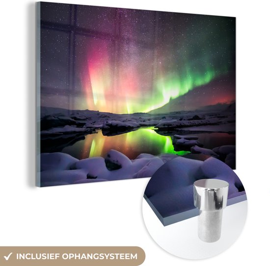 MuchoWow® Glasschilderij - Noorderlicht - Sneeuw - IJsland - Acrylglas Schilderijen - Foto op Glas