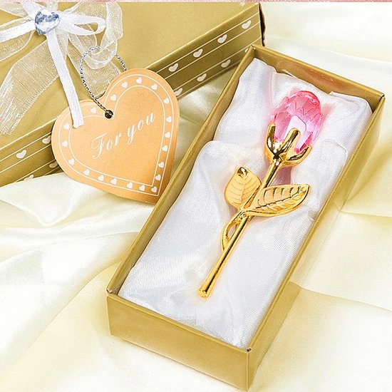 Allernieuwste.nl® Chrystal Gouden ROSE Roos in Mooie Geschenkverpakking - Liefde voor Vrouw of Vriendin en Moederdag - Roos Roze - 55 x 120 mm