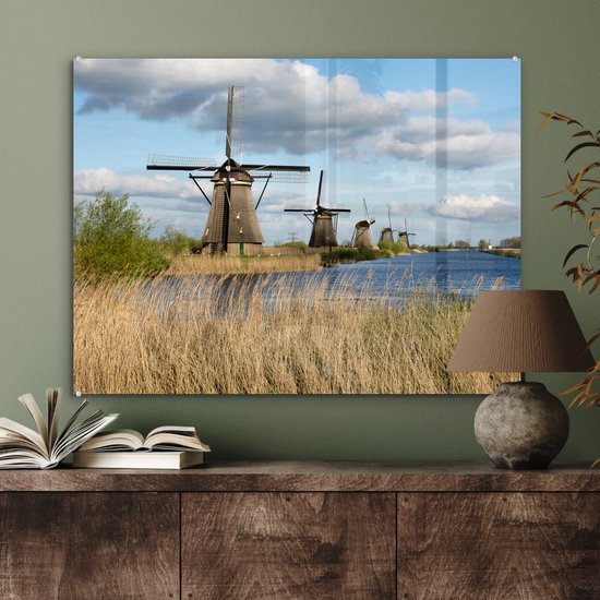 Les moulins à vent hollandais de Kinderdijk pendant une journée ensoleillée Plexiglas 80x60 cm - Tirage photo sur Glas (décoration murale en plexiglas)