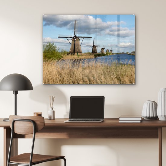 Les moulins à vent hollandais de Kinderdijk pendant une journée ensoleillée Plexiglas 80x60 cm - Tirage photo sur Glas (décoration murale en plexiglas)