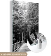 MuchoWow® Glasschilderij 80x120 cm - Schilderij acrylglas - Gang door bomen in bos Big Sur in Verenigde Staten - zwart wit - Foto op glas - Schilderijen