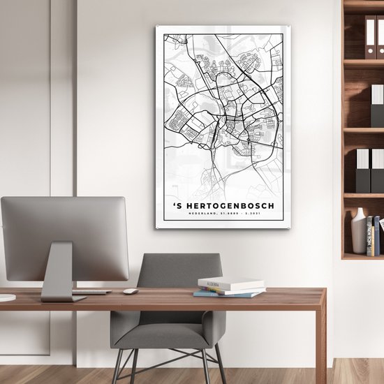 MuchoWow® Peinture sur verre 80x120 cm - Peinture sur verre acrylique - Carte - 's-Hertogenbosch - Zwart - Wit - Photo sur verre - Peintures