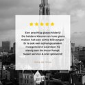 Een glasafbeelding van Antwerpen, met een sterrenbeoordeling en een klantrecensie.