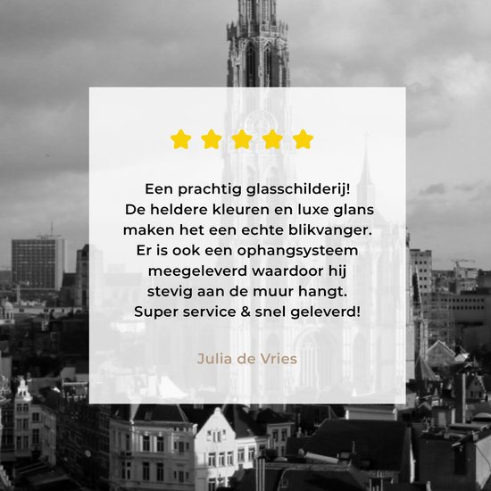 Een glasafbeelding van Antwerpen, met een sterrenbeoordeling en een klantrecensie.