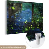 MuchoWow® Glasschilderij 30x20 cm - Schilderij acrylglas - Vuurvliegjes over een brug - Foto op glas - Schilderijen
