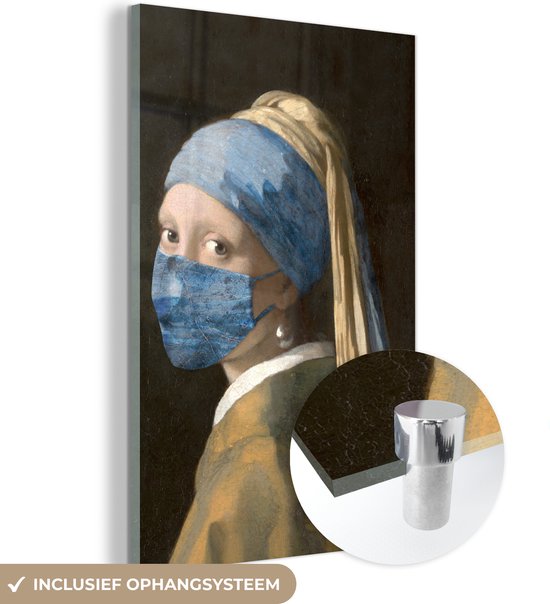 MuchoWow® Glasschilderij 60x90 cm - Schilderij acrylglas - Meisje met de parel - Johannes Vermeer - Mondkapje - Foto op glas - Schilderijen