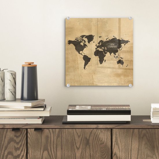Peinture sur Verre - Carte du Wereldkaart - Vintage - Voyages - 20x20 cm - Peintures sur Verre Peintures - Photo sur Glas