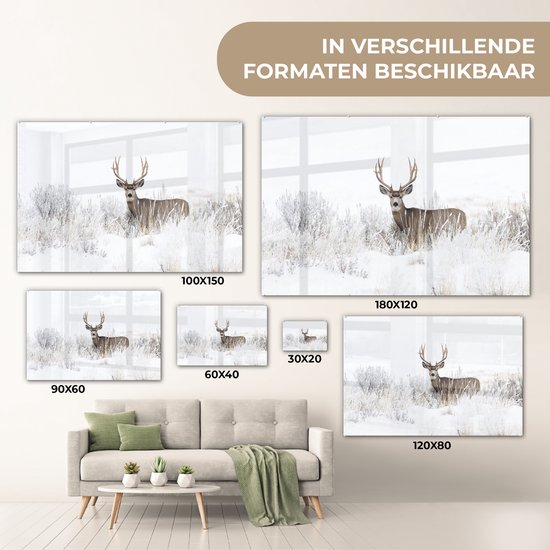 MuchoWow® Peinture sur Verre - Cerf - Hiver - Neige - Animaux - Saisons - Wit - 120x80 cm - Peintures sur Verre Peintures - Photo sur Glas