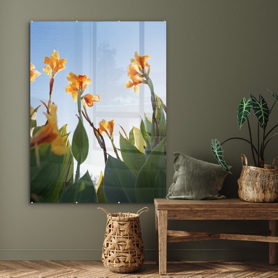 MuchoWow® Peinture sur verre 90x120 cm - Peinture sur verre acrylique - Fleurs de canna sous un ciel clair - Photo sur verre - Peintures