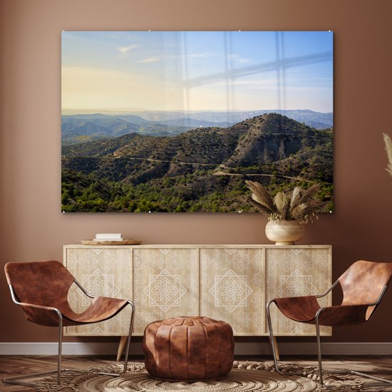 Peinture sur verre MuchoWow® 150x100 cm - Peinture sur verre acrylique - Les montagnes du Trodos à Chypre par une journée ensoleillée - Photo sur verre - Peintures