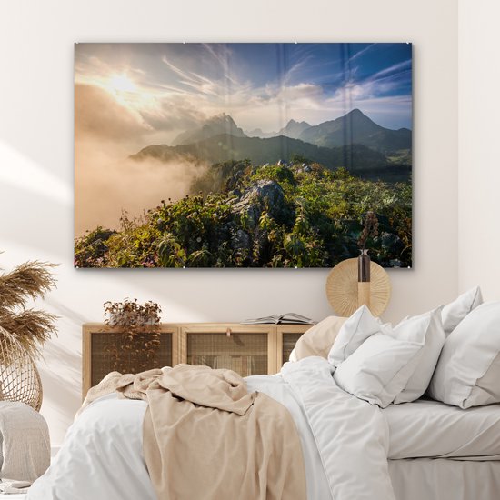 MuchoWow® Peinture sur verre - Berg dans la brume - 150x100 cm - Peintures sur verre acrylique - Photo sur Glas